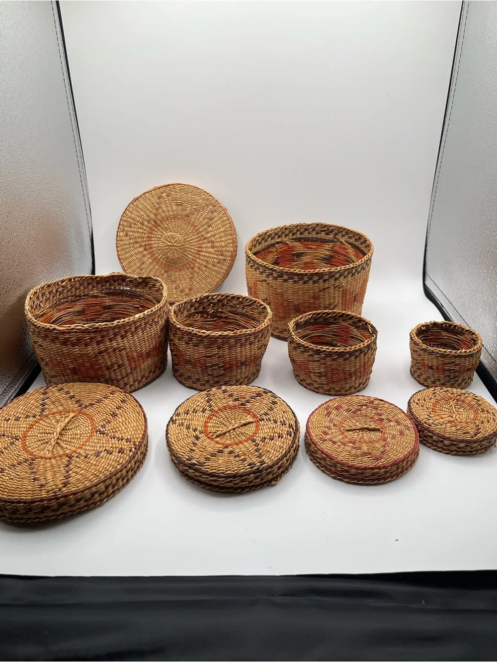 Vintage Handwoven Baskets with Lids - Set of 5